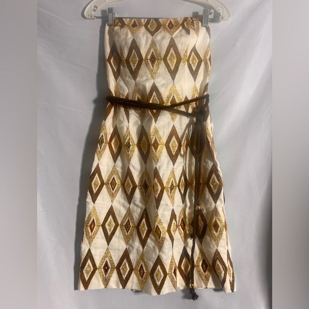 MILLY LINEN BLEND DRESS 2 CREAM GOLD BROWN GEOMETRIC METALLIC STRAPLESS …